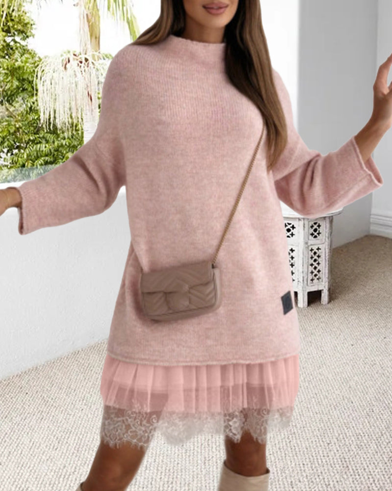 Casual hög krage pullover mesh klänning i enfärgad