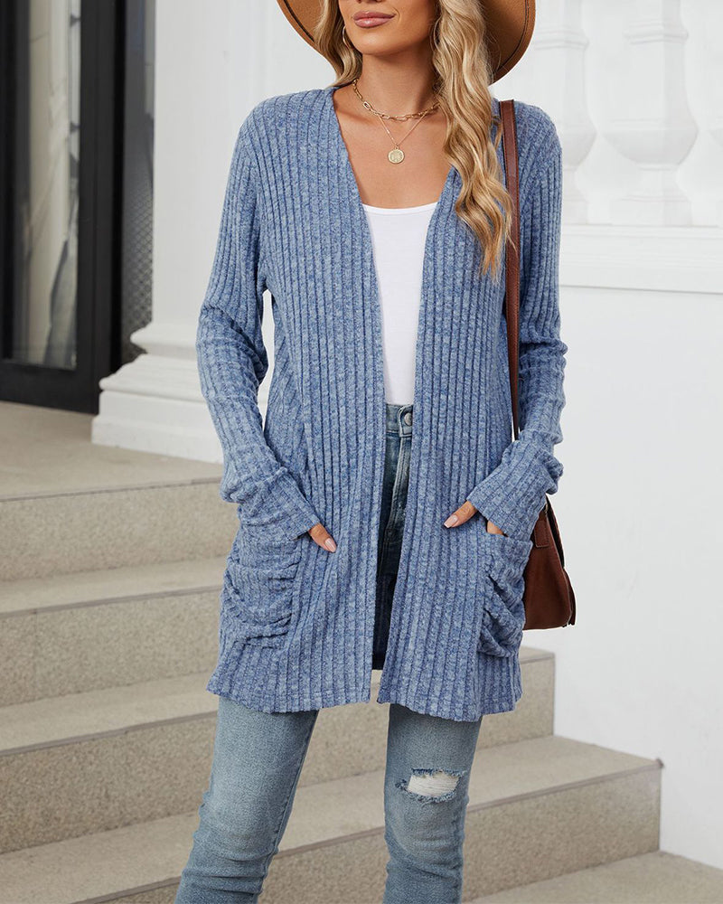 Casual enfärgad långärmad cardigan med fickor