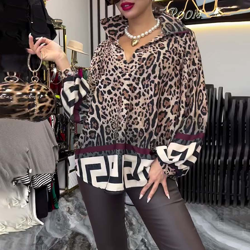 Blus Leopardtryck Krage Lanternärm Mode