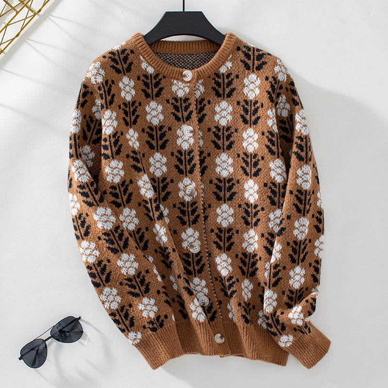 Vintage Blommig Stickad Cardigan