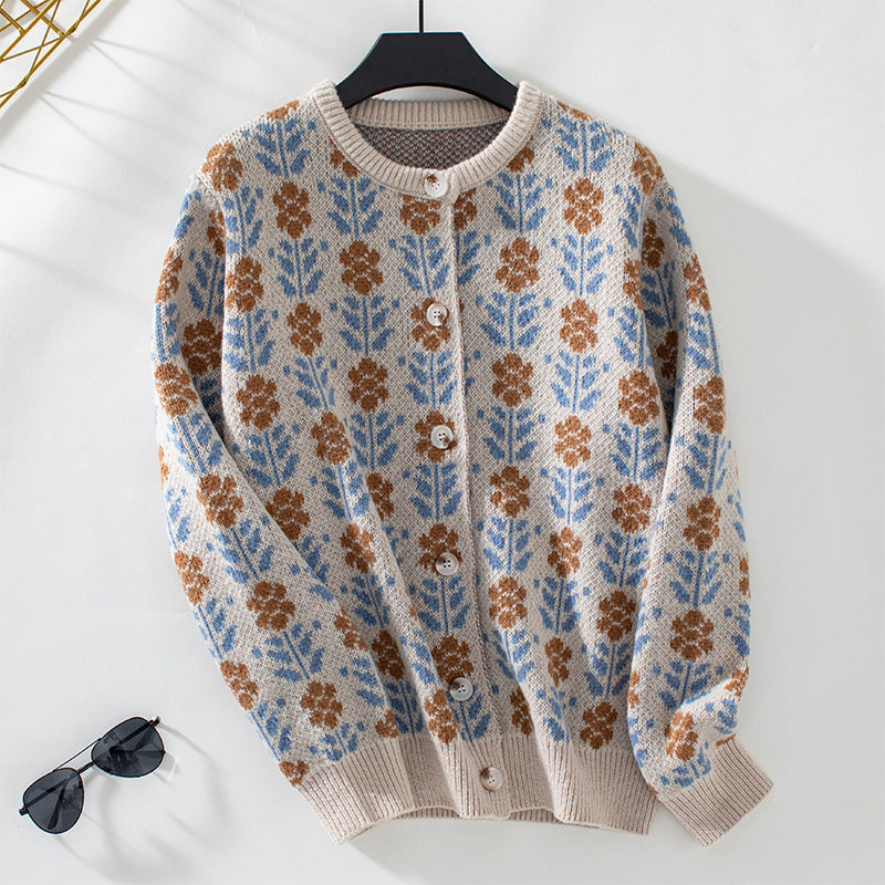 Vintage Blommig Stickad Cardigan
