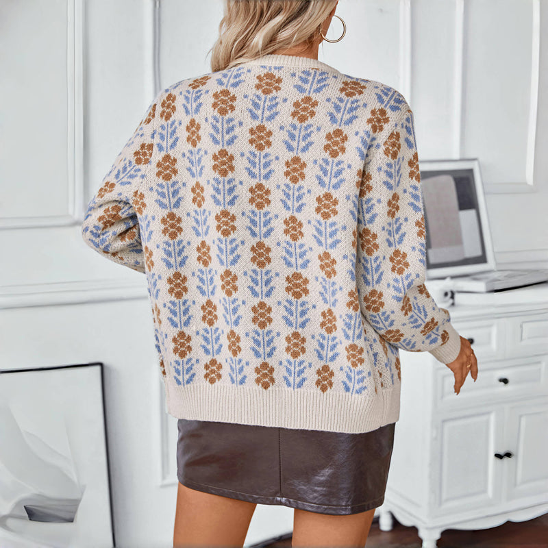Vintage Blommig Stickad Cardigan