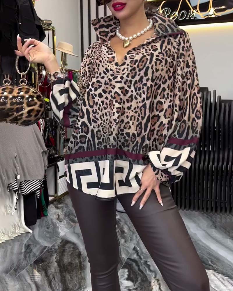Blus Leopardtryck Krage Lanternärm Mode