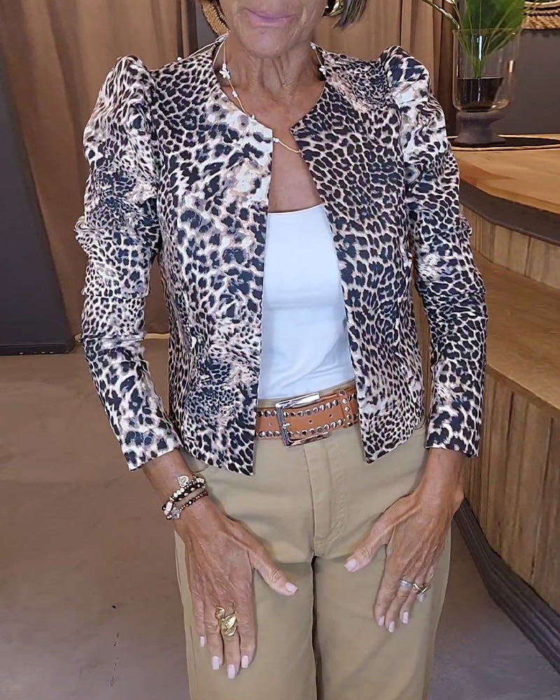 Leopardmönstrad ledig jacka med puffärm