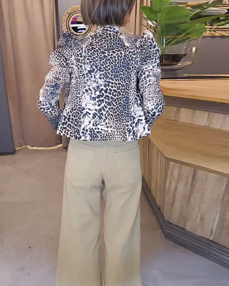 Leopardmönstrad ledig jacka med puffärm