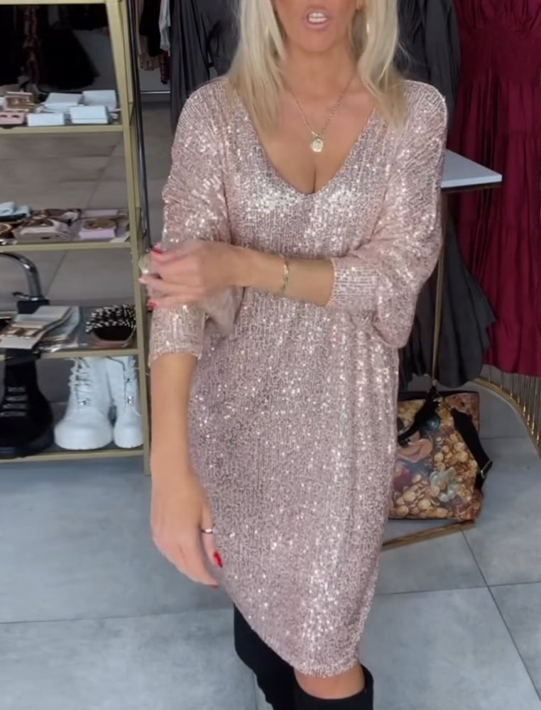 Klänning Batwing Ärmskärning Djup V Sequin