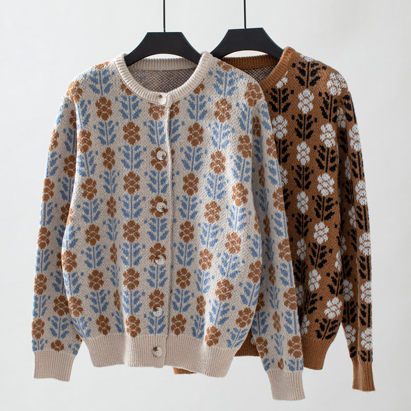Vintage Blommig Stickad Cardigan
