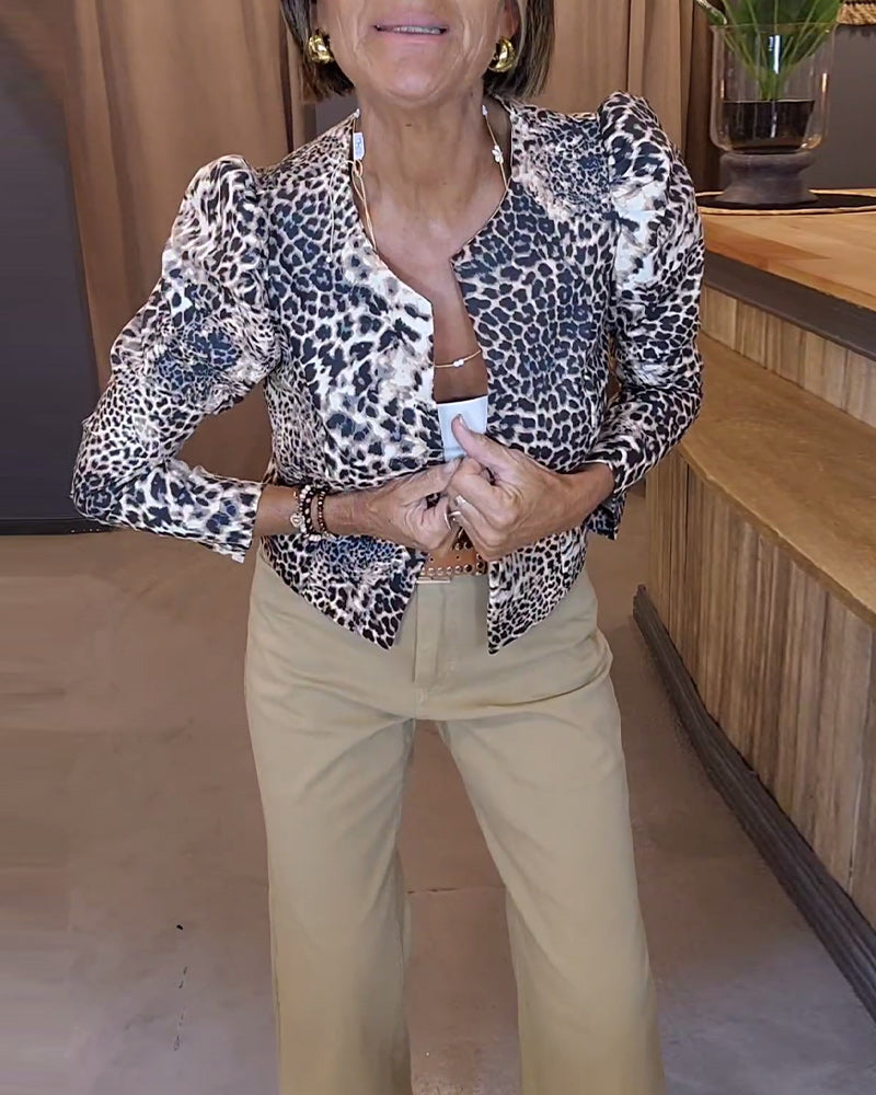 Leopardmönstrad ledig jacka med puffärm