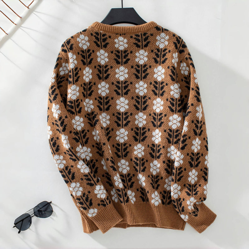 Vintage Blommig Stickad Cardigan